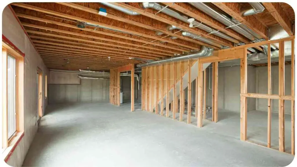 an empty room with wood framing and drywall