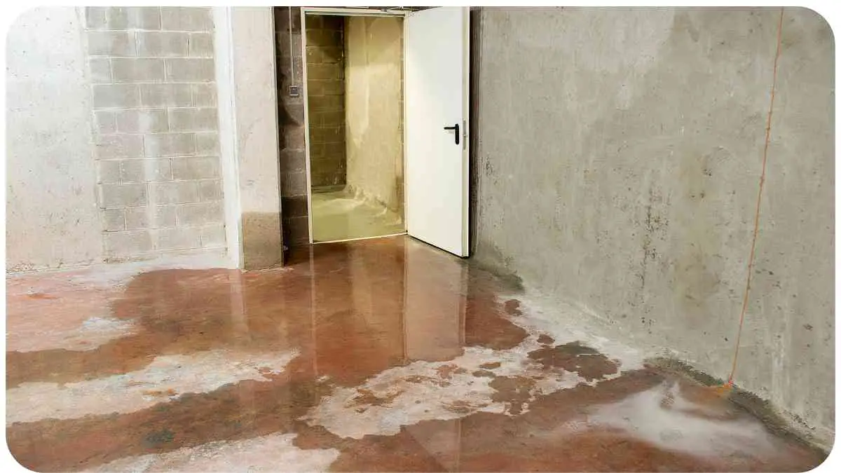 an empty room with a door and water on the floor