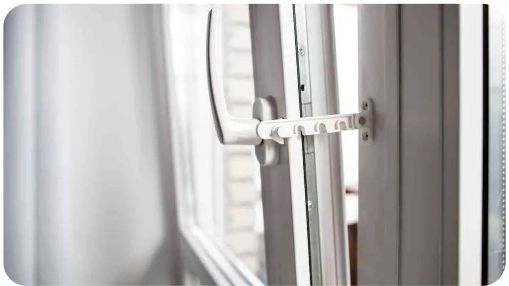 a close up of an open window with a white handle