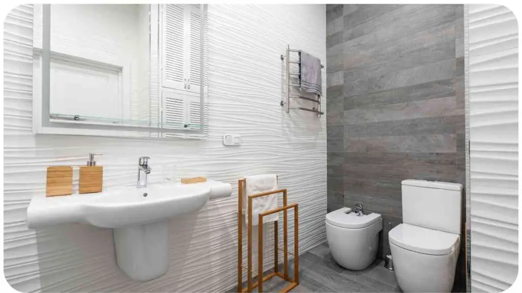 a modern bathroom with a toilet, sink and mirror
